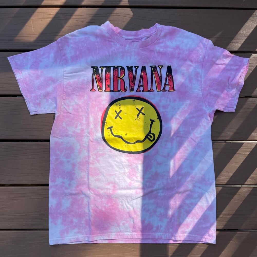 Vintage Nirvana tie-dye Cotton T-shirt with yellow Smiley Face graphic, Size L